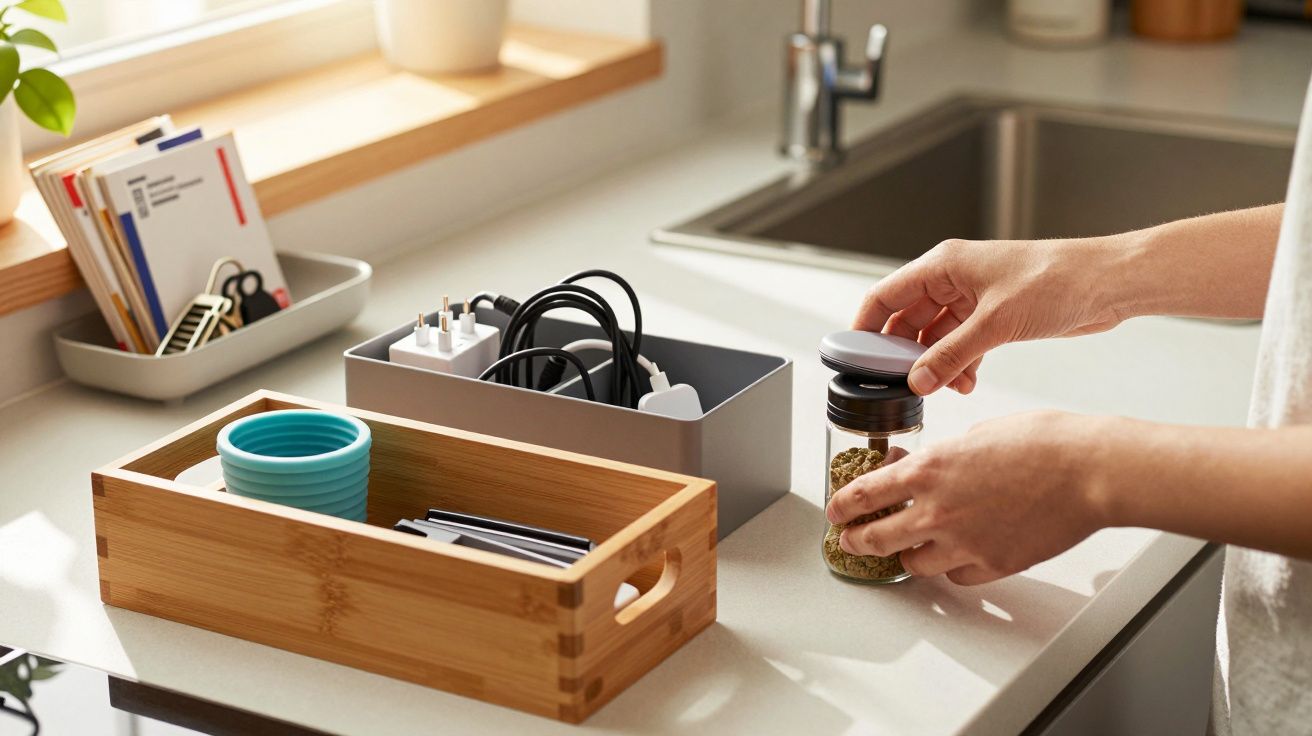 Osoba trzyma słoik na blacie kuchennym, obok skrzynka z kablami i drewniane pudełko z przedmiotami.