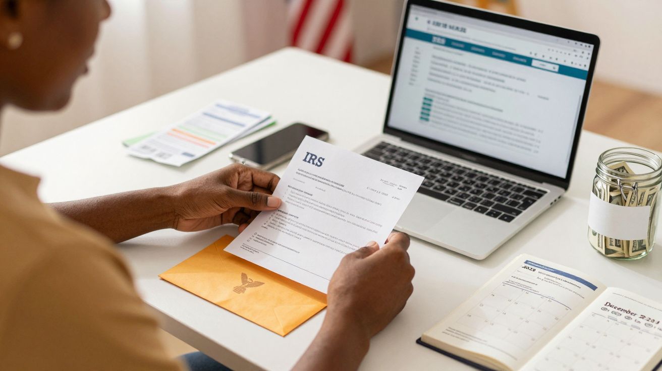 Osoba trzymająca list z IRS przy biurku, obok laptopa z otwartą stroną, kalendarza i słoika z pieniędzmi.