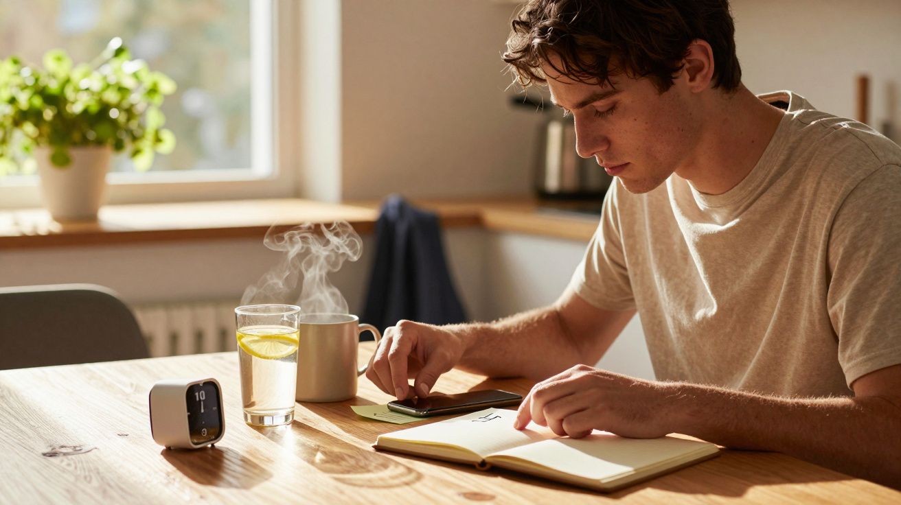 Młody mężczyzna przy stole notuje w zeszycie. Na stole stoją szklanki z wodą, gorąca herbata i elektroniczny zegar.