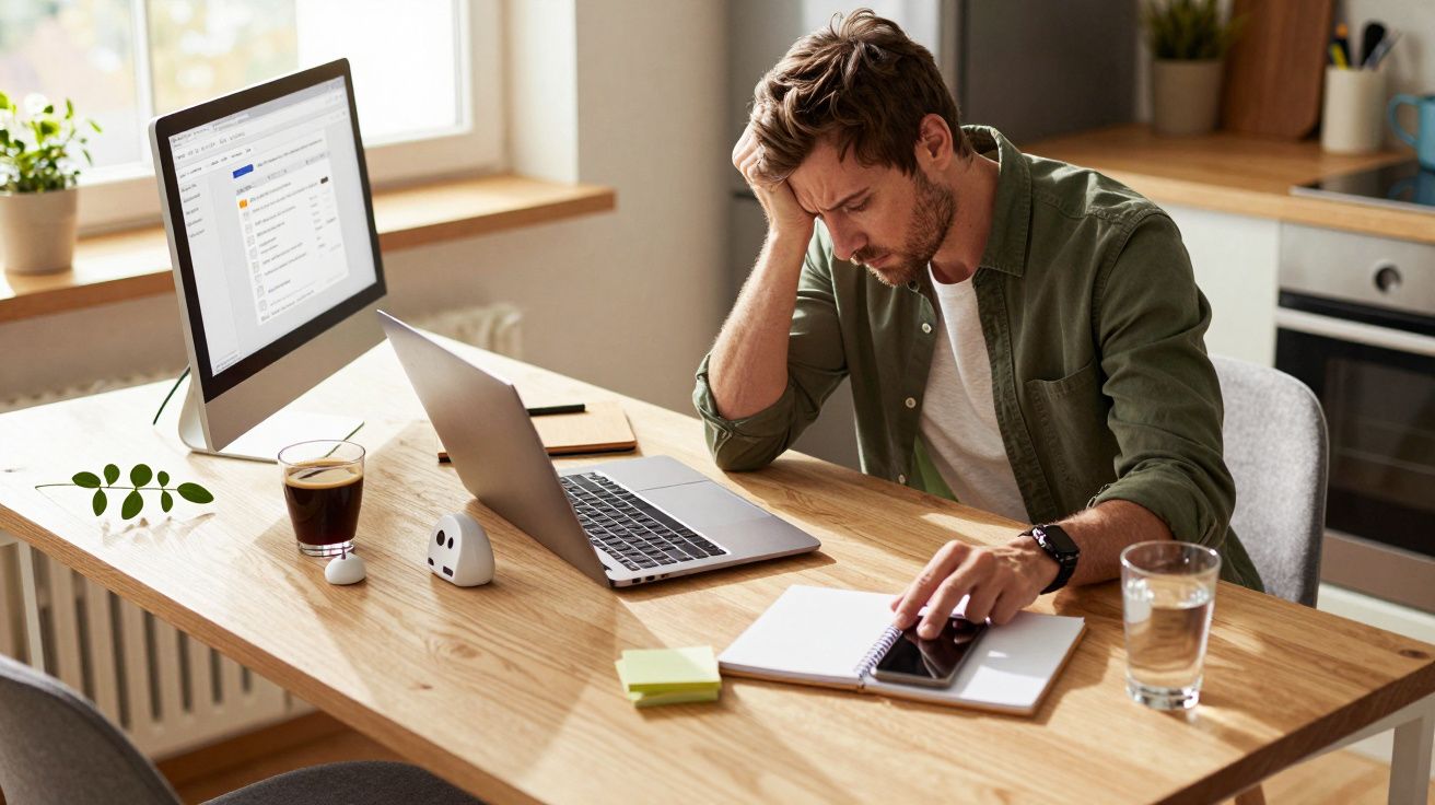 Mężczyzna przy biurku z komputerem, laptopem i notatnikiem, wygląda na zamyślonego, z filiżanką kawy i szklanką wody obok.