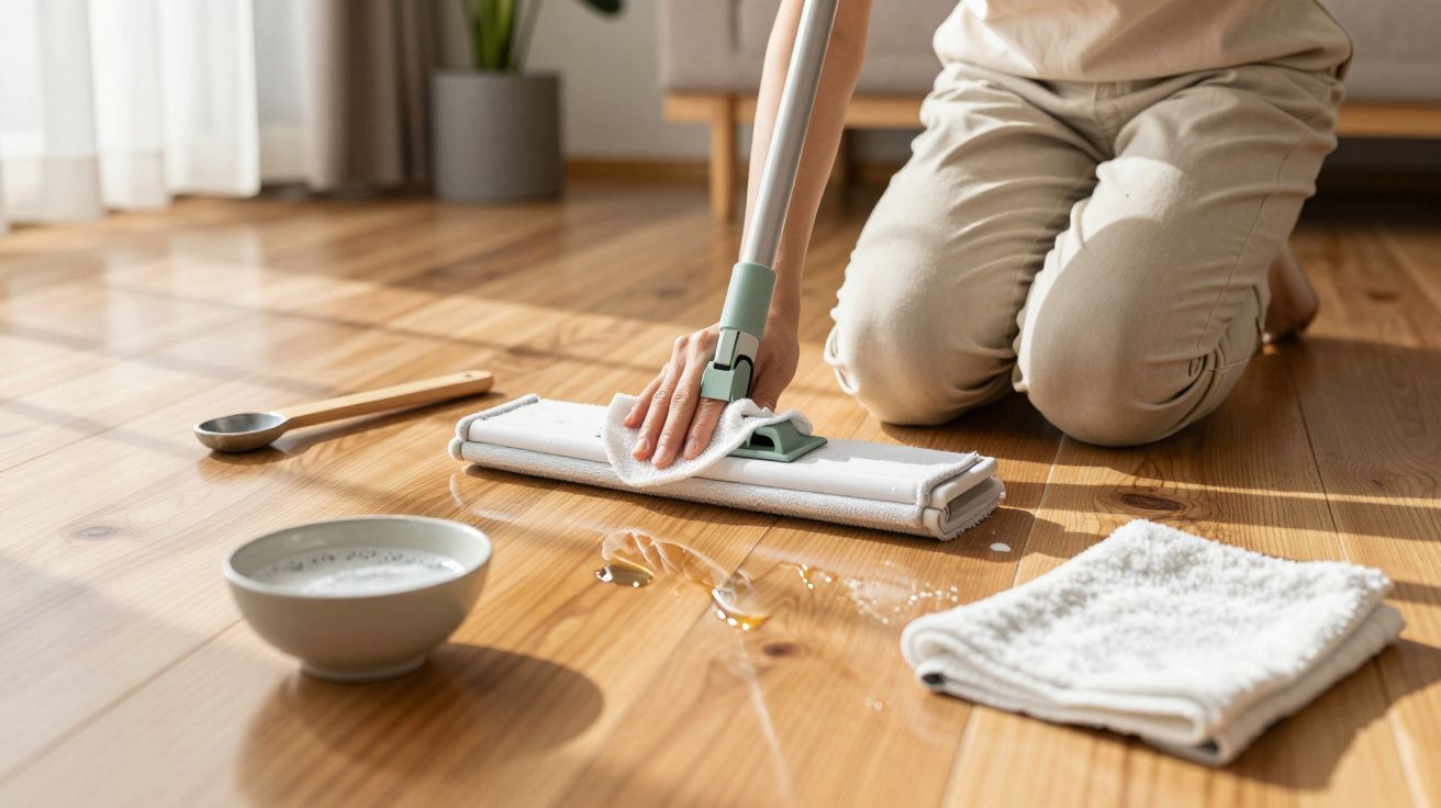 Osoba klęcząca na drewnianej podłodze, czyszcząca rozlane płyny mopem, obok ręcznik, miska i łyżka.