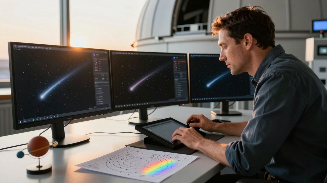 Astronom pracujący przy komputerze z trzema monitorami, analizuje zdjęcia komet. Na biurku model układu słonecznego.