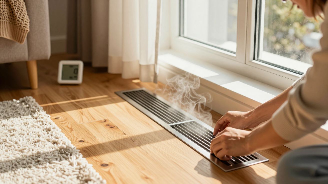 Osoba przy wentylacji podłogowej z parą, obok drewniana podłoga, dywan i termometr.