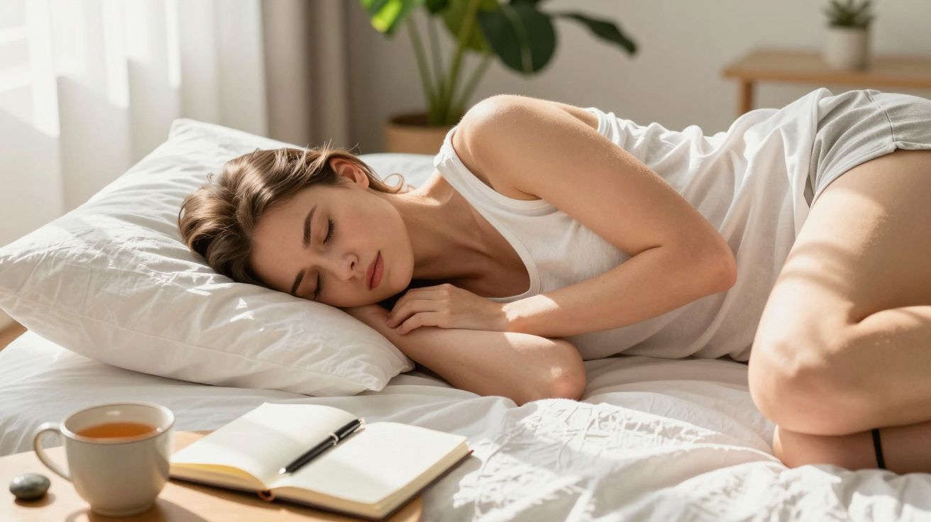 Kobieta śpi na łóżku w jasnym pokoju, obok filiżanka herbaty i notes.
