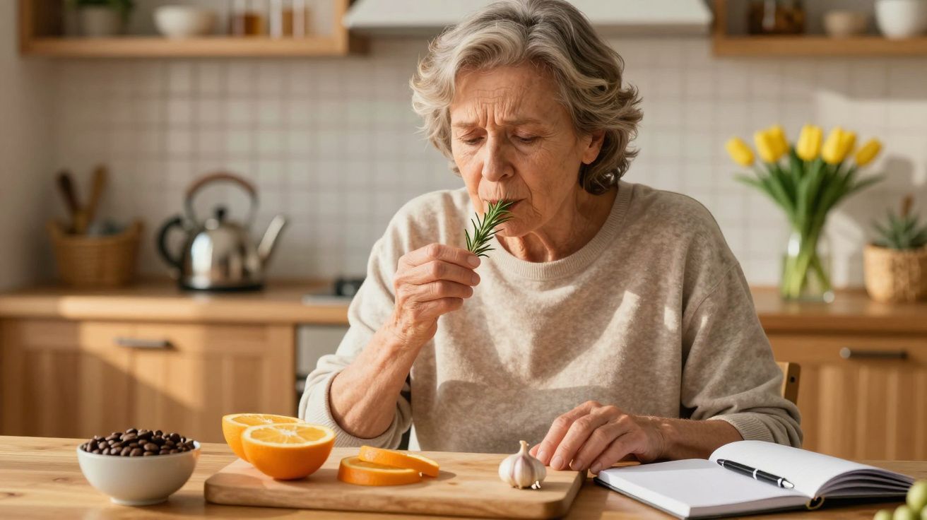 Starsza kobieta w kuchni wącha świeży rozmaryn, przy stole z pomarańczami, czosnkiem i zeszytem.
