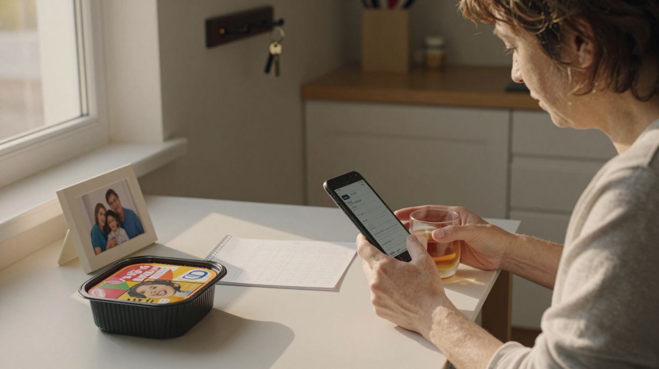 Osoba przeglądająca telefon przy biurku, z jedzeniem, herbatą i zdjęciem w ramce obok.