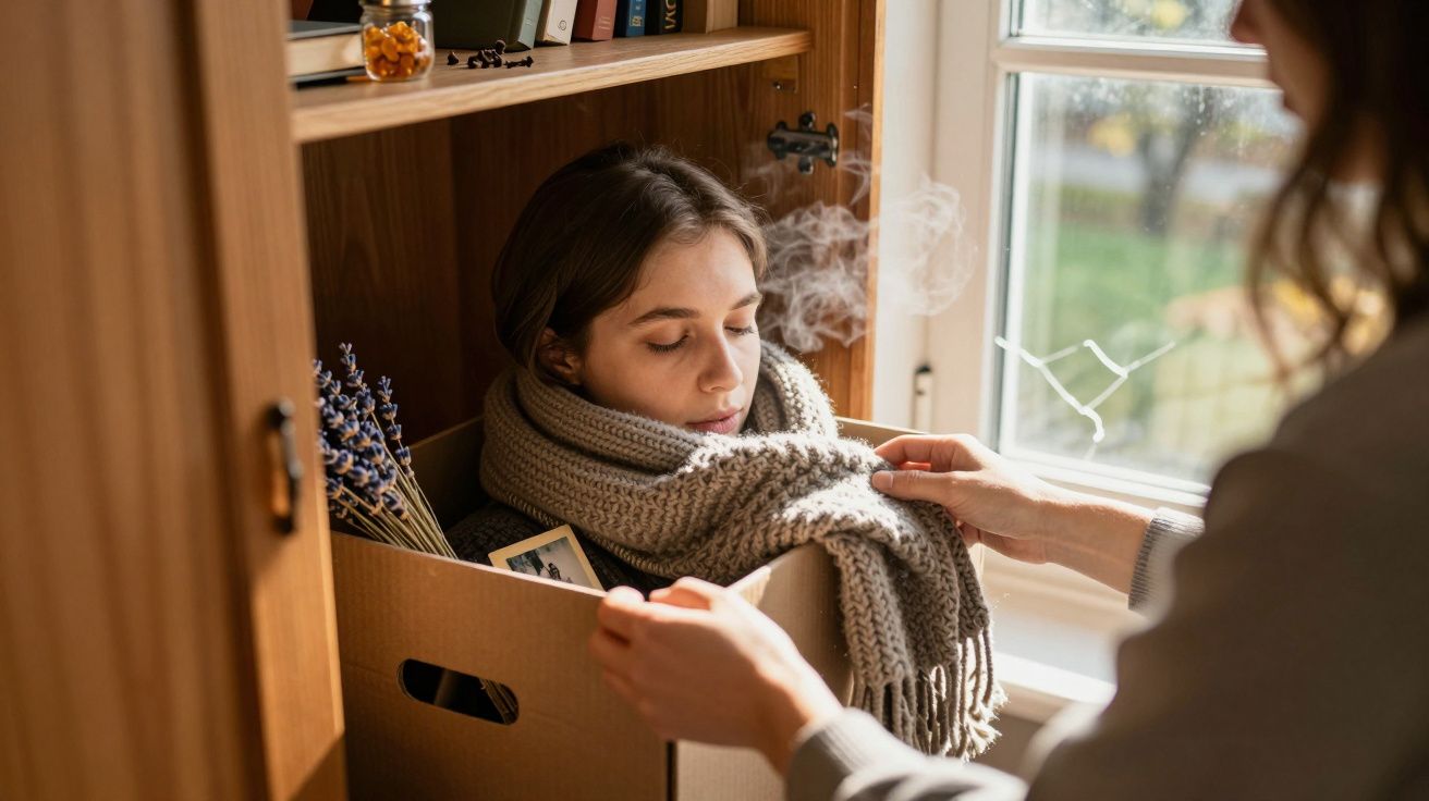 Osoba siedzi w kartonie w szafie, otulona szalikiem. Obok niej książki i suszona lawenda.