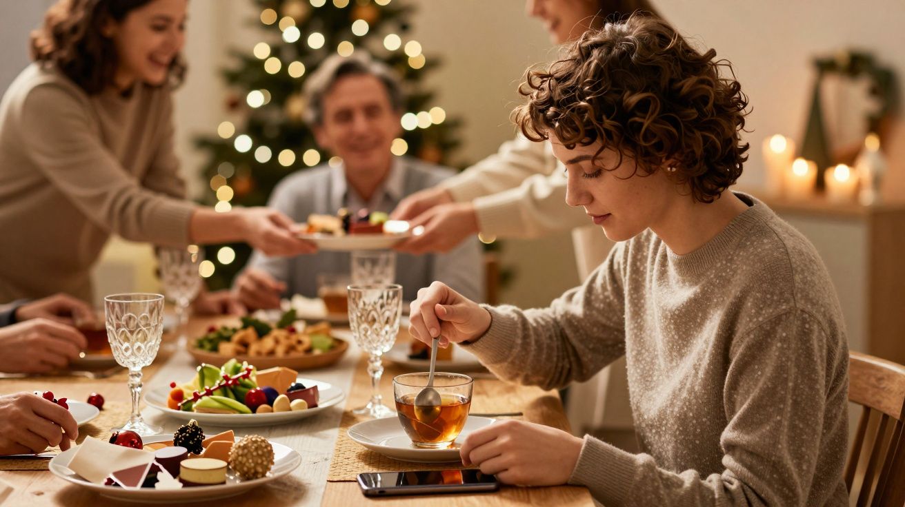 Grupa ludzi przy świątecznym stole, jedna osoba miesza herbatę, w tle choinka i świąteczne dekoracje.