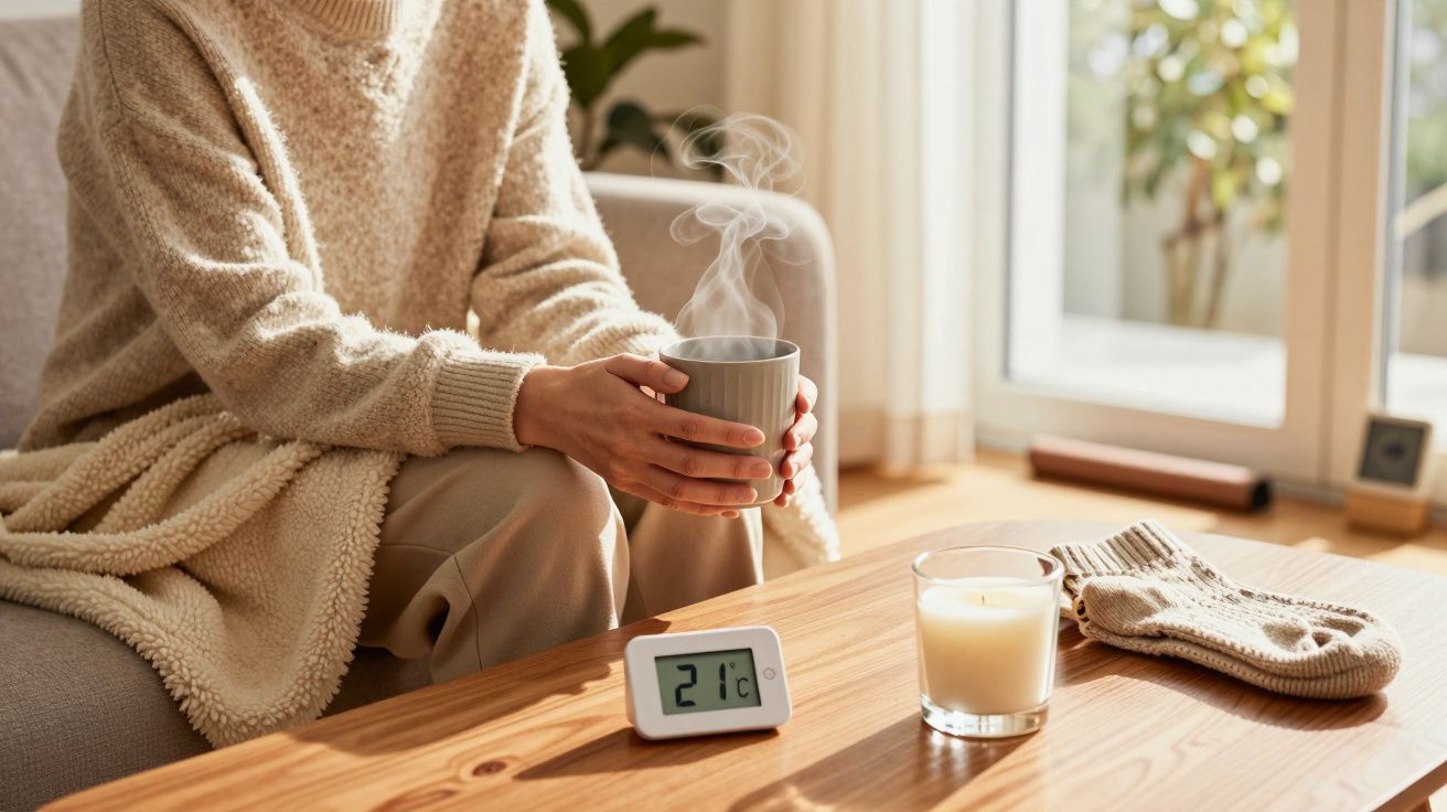 Osoba siedzi na sofie z kubkiem herbaty, obok termometr pokazujący 21°C, świeca i skarpety na stoliku.