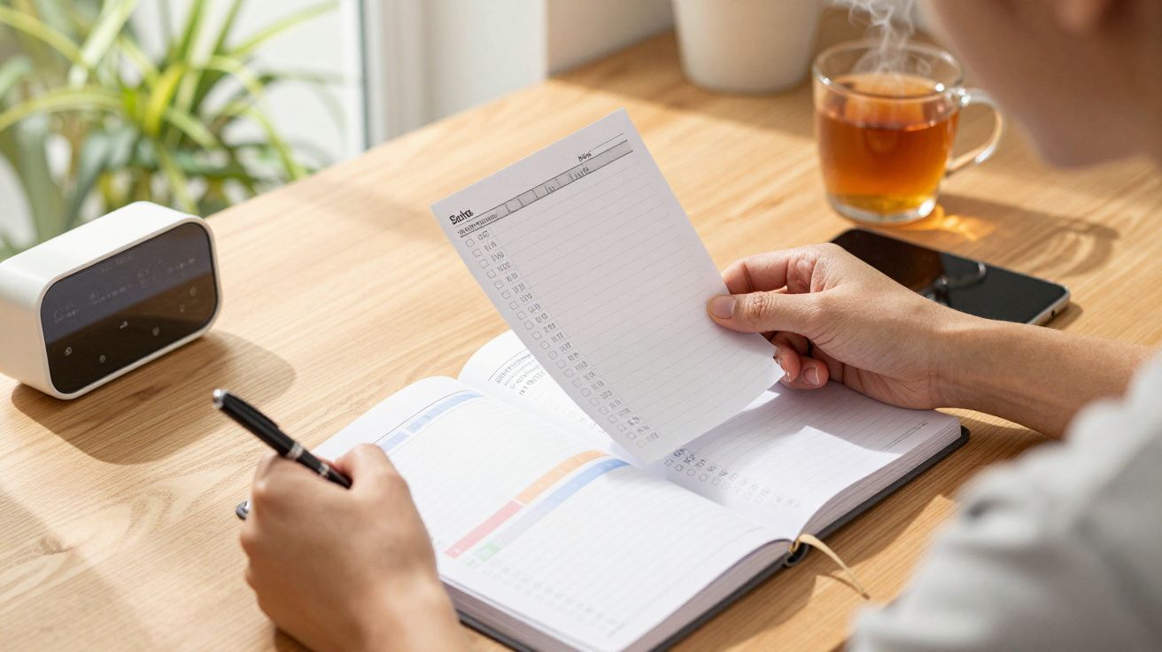 Osoba trzyma kartkę z kalendarza i pisze w notesie przy stoliku z herbatą, budzikiem i telefonem.