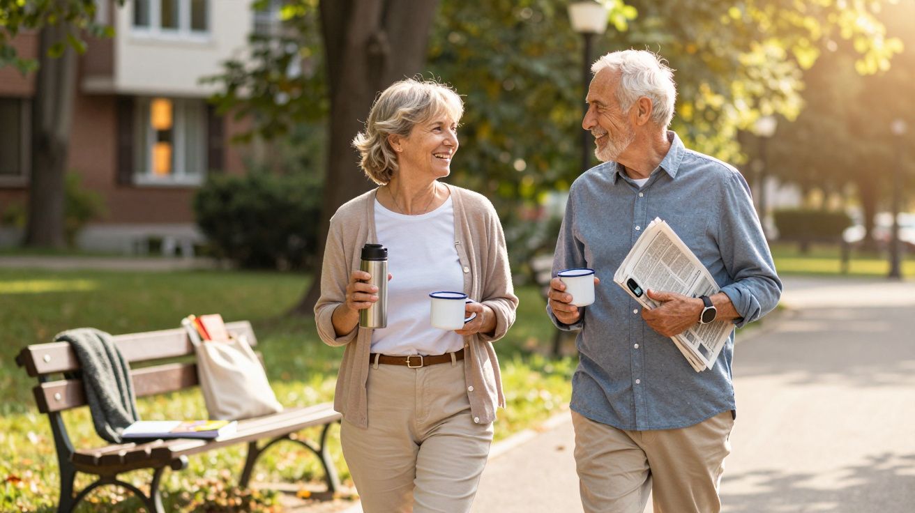 Starsza para spaceruje w parku z kubkami kawy, trzymając gazetę, pogodny dzień.