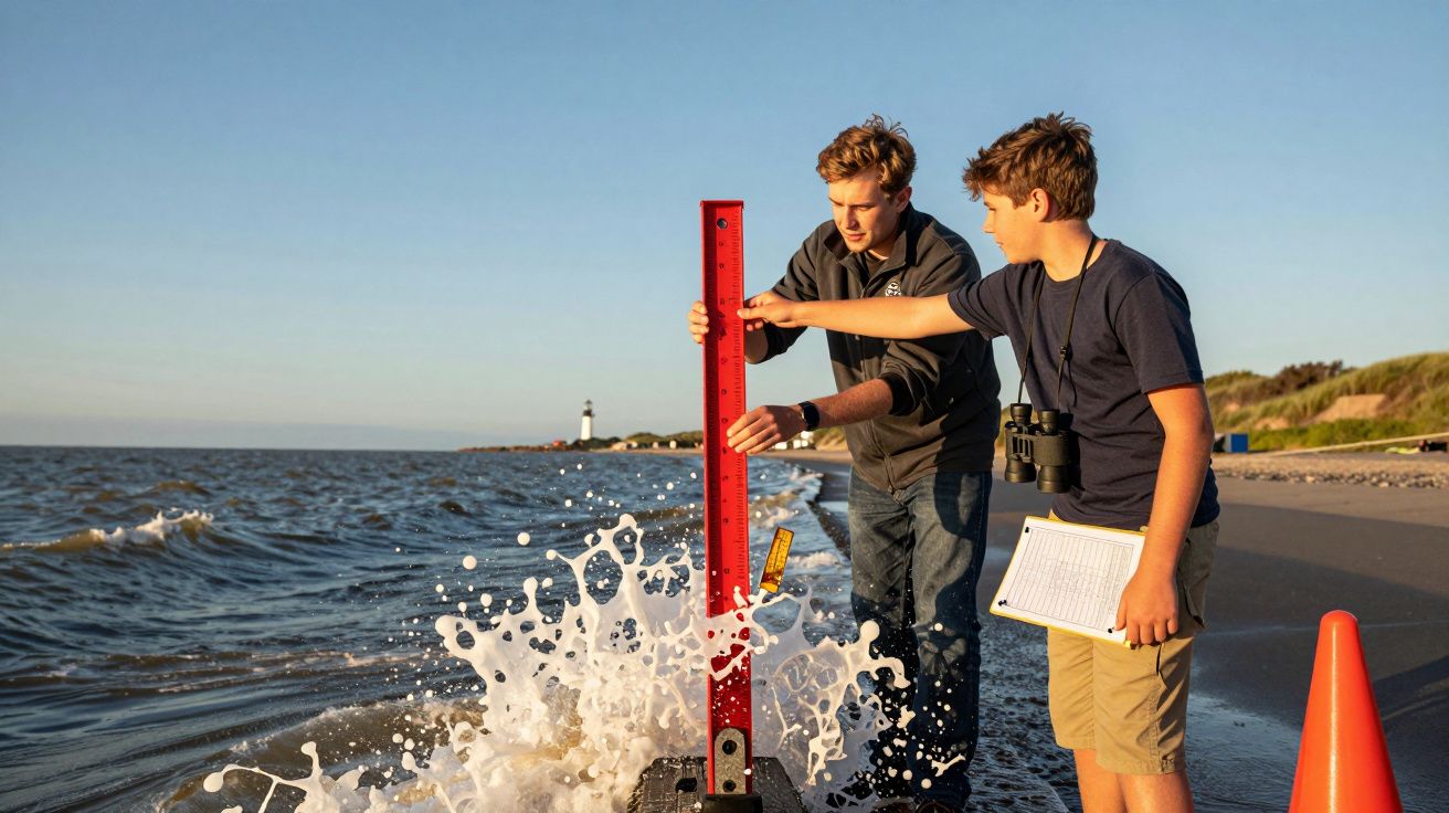 Dwóch młodych ludzi mierzy poziom wody na plaży, w tle latarnia morska na horyzoncie.