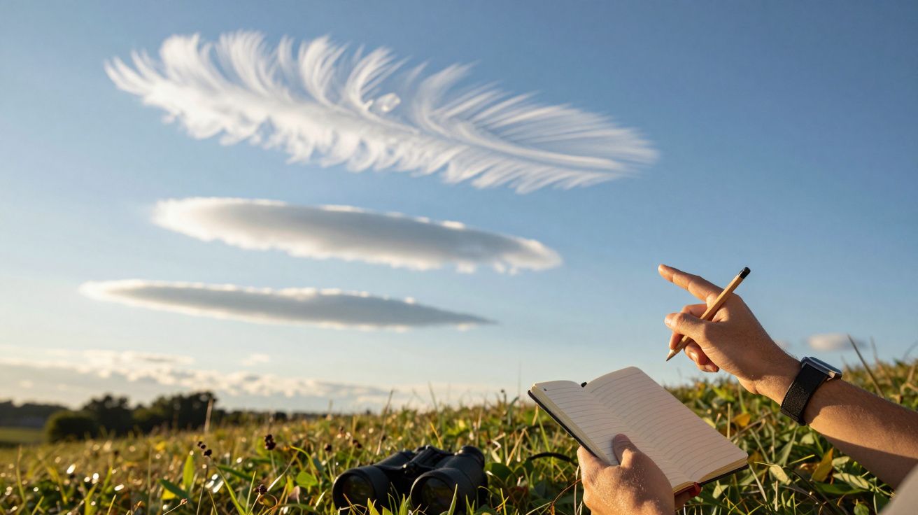 Osoba pisząca w notesie na łące, w tle chmury w kształcie pióra.