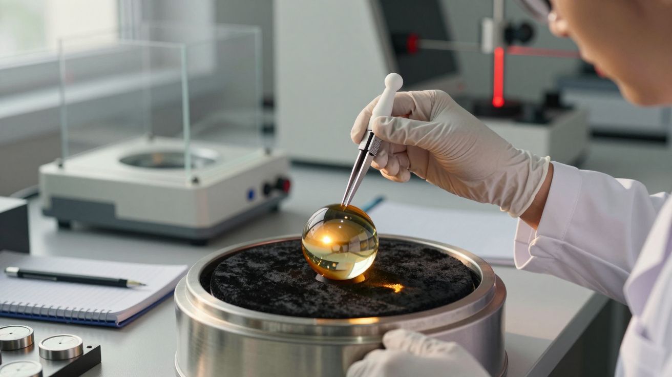 Laborant w białych rękawiczkach trzyma pipetą szklaną kulę nad urządzeniem laboratoryjnym.