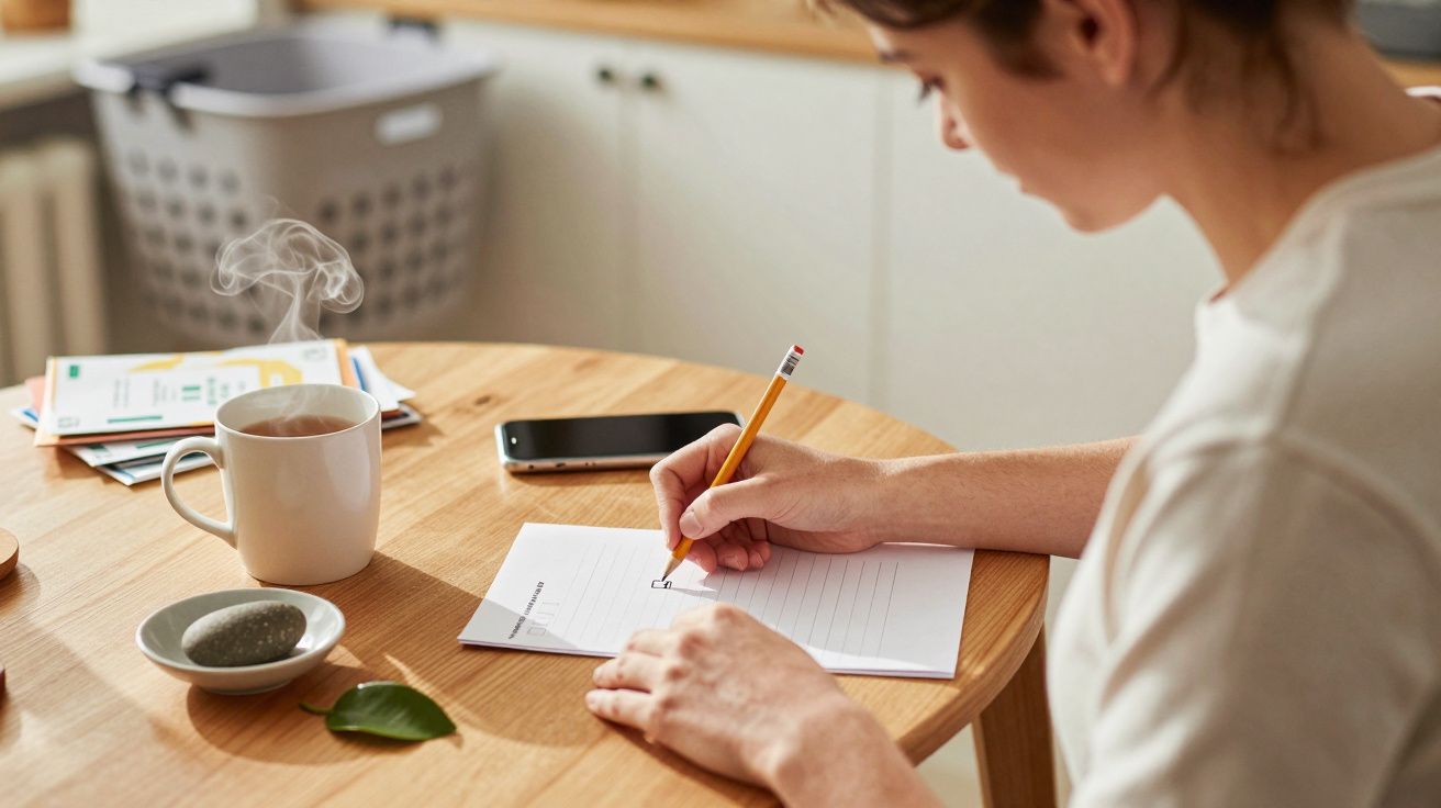 Osoba pisząca na kartce przy stole, obok leży telefon i kubek z parującym napojem.