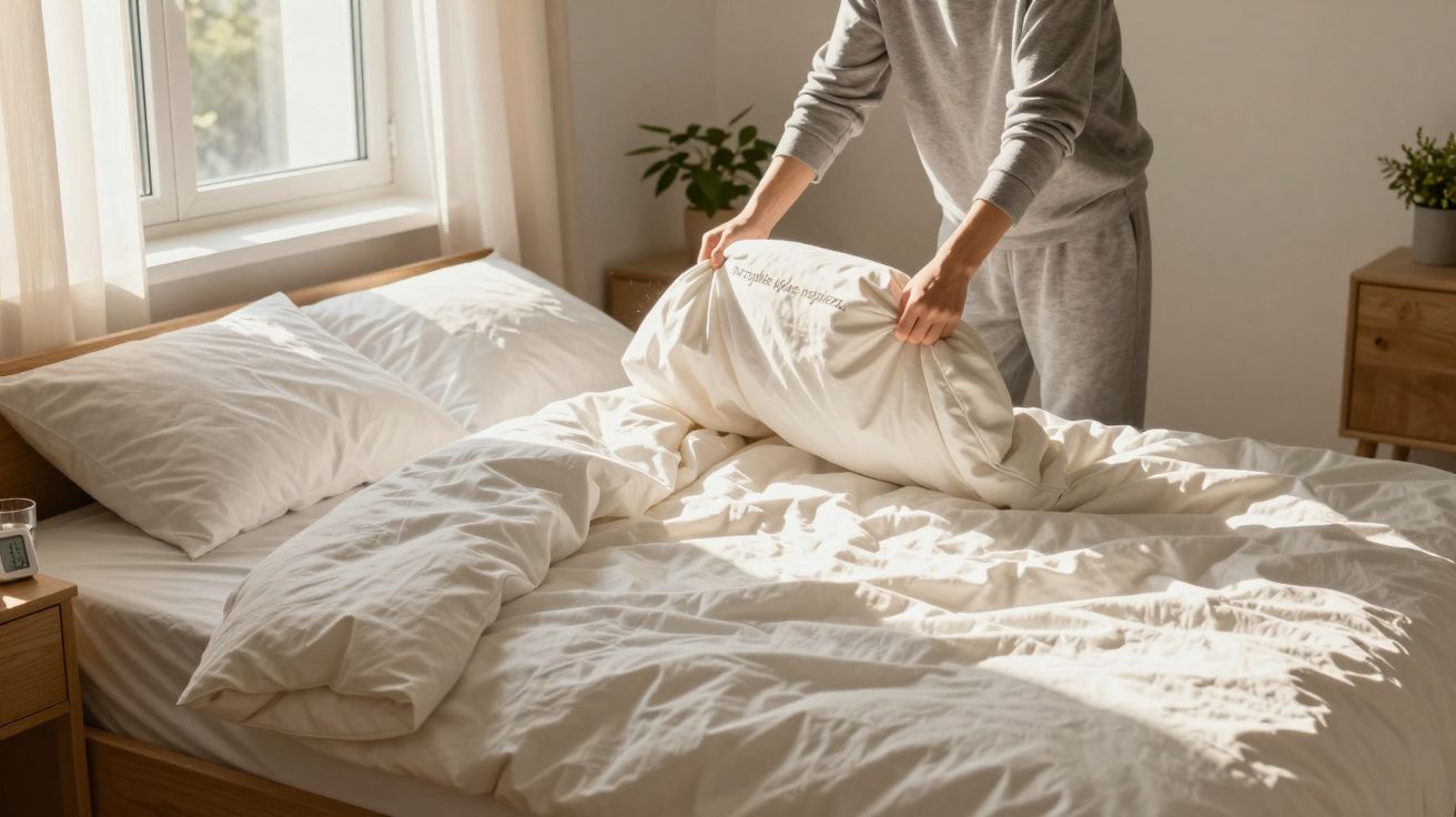 Osoba ścieląca łóżko z białą pościelą w jasnym pokoju z rośliną na parapecie.