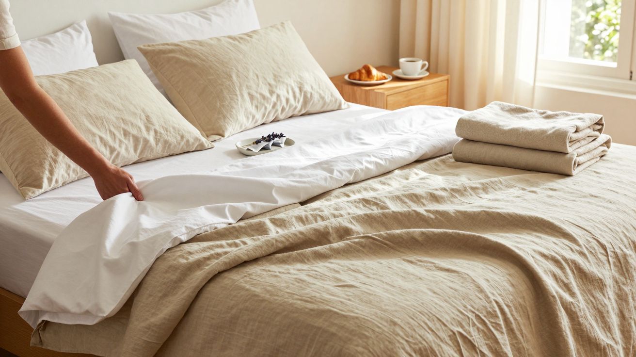 Ręka układająca pościel na łóżku, obok talerz z jedzeniem, filiżanka i złożone ręczniki na stoliku nocnym.