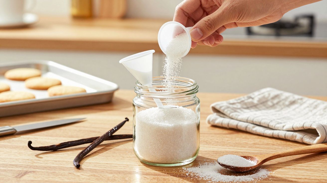 Osoba przesypująca cukier do słoika w kuchni, obok leżą laska wanilii i ciasteczka na blasze.