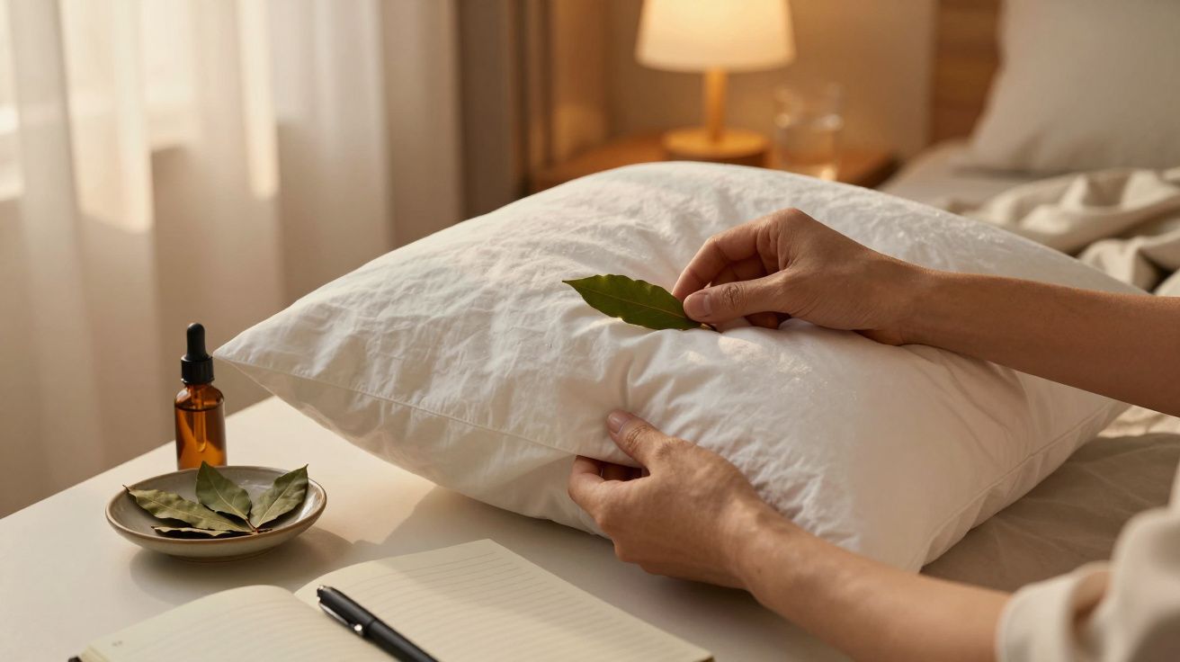 Osoba wkłada liść laurowy pod poduszkę na stoliku nocnym obok zeszytu i butelki z olejkiem.