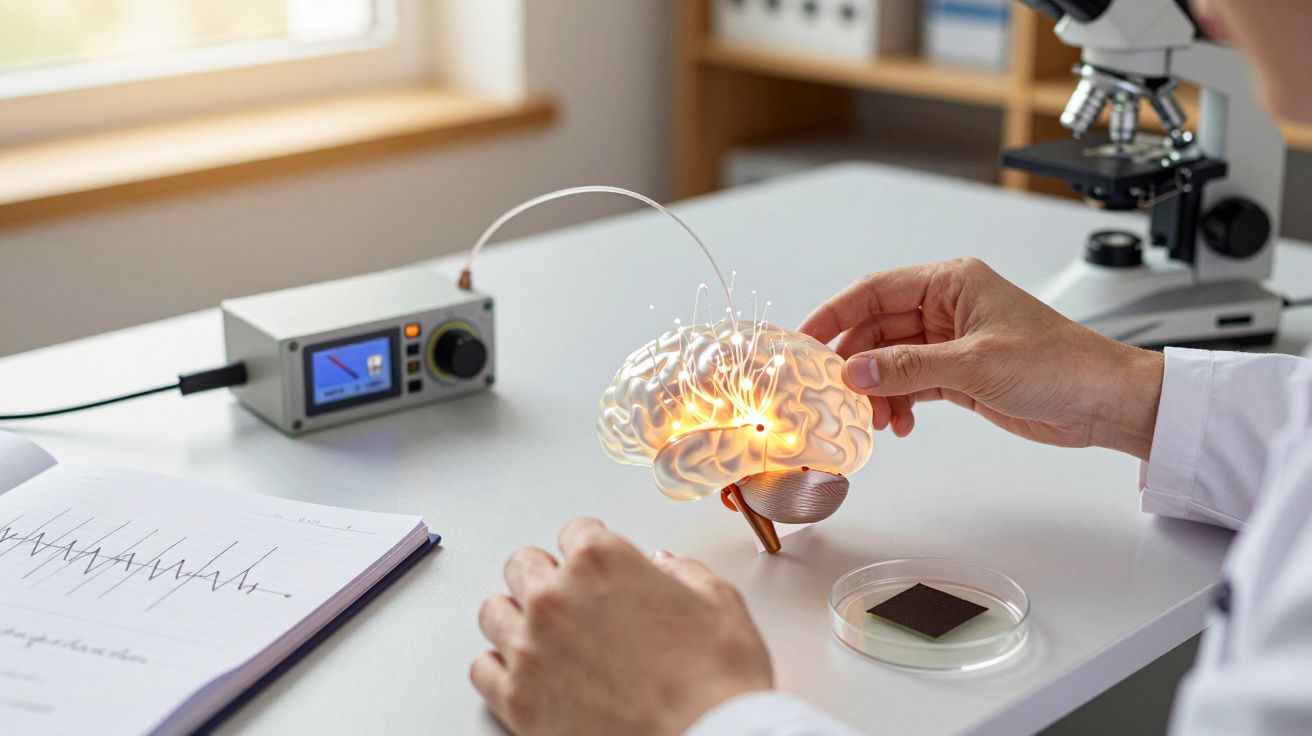 Osoba badająca świecący model mózgu umieszczony na stole, obok notatnik, mikroskop i sprzęt laboratoryjny.