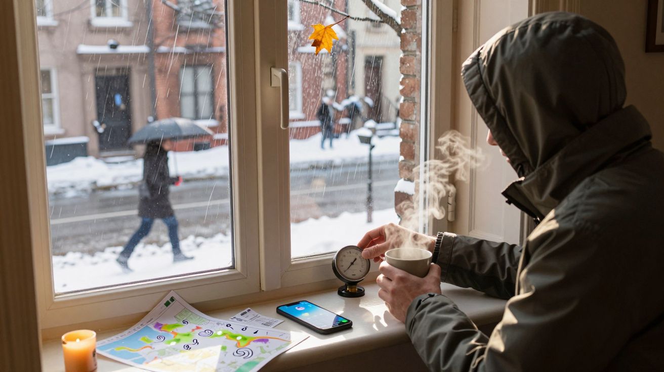 Mężczyzna w kurtce siedzi przy oknie; trzyma kubek z gorącym napojem. Na zewnątrz śnieg, osoba z parasolem.