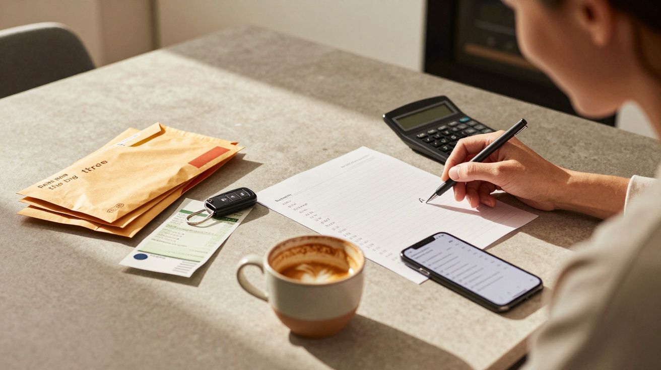 Kobieta przy stole licząca kalkulatorem i zapisująca na kartce, obok kawa, telefon, klucze, i koperty.