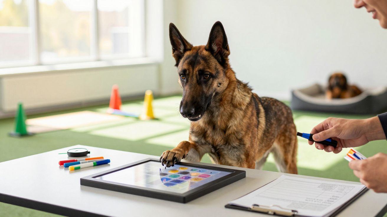 Owczarek niemiecki dotyka łapą tabletu na stole, obok leżą kolorowe markery i kartki.