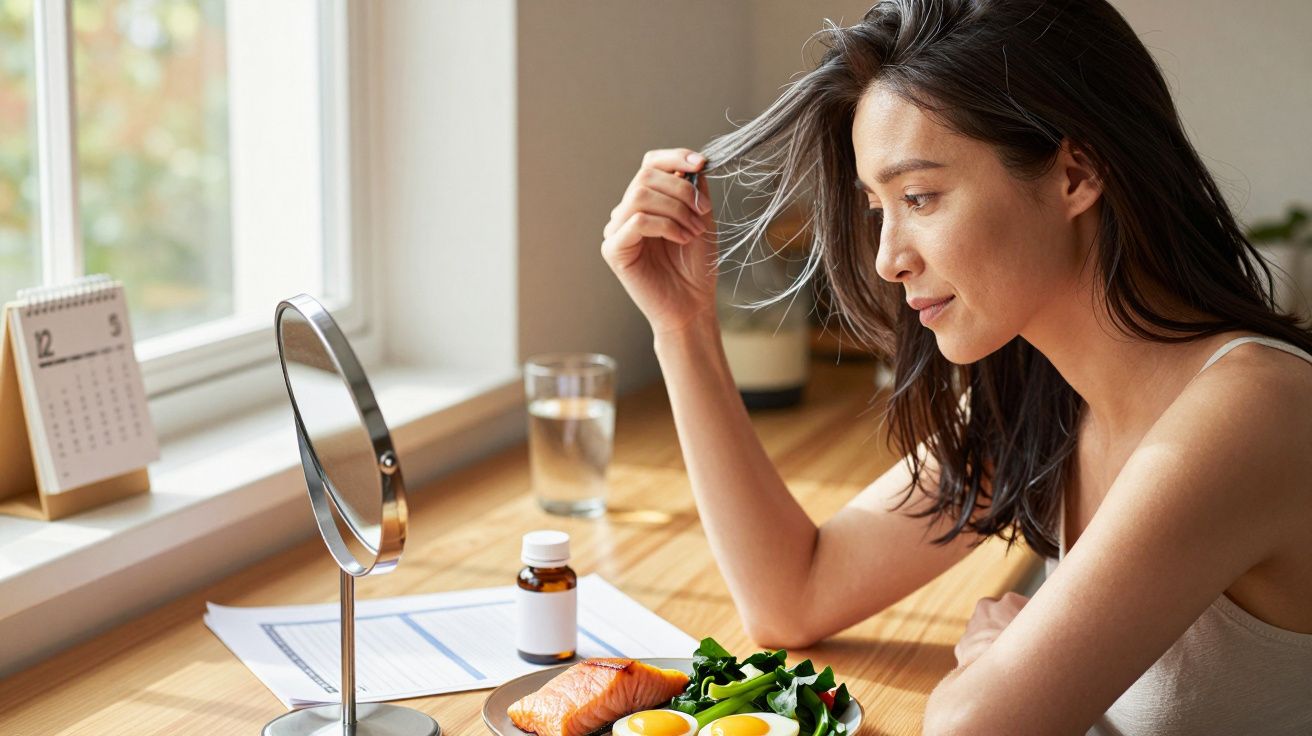 Kobieta siedzi przy stole z jedzeniem i lusterkiem, obok kalendarz i buteleczka z witaminami.