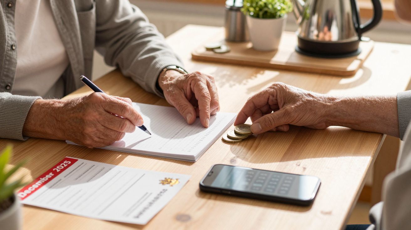 Dwie osoby siedzą przy stole, jedna trzyma długopis nad notesem, obok monety, kalendarz i telefon.