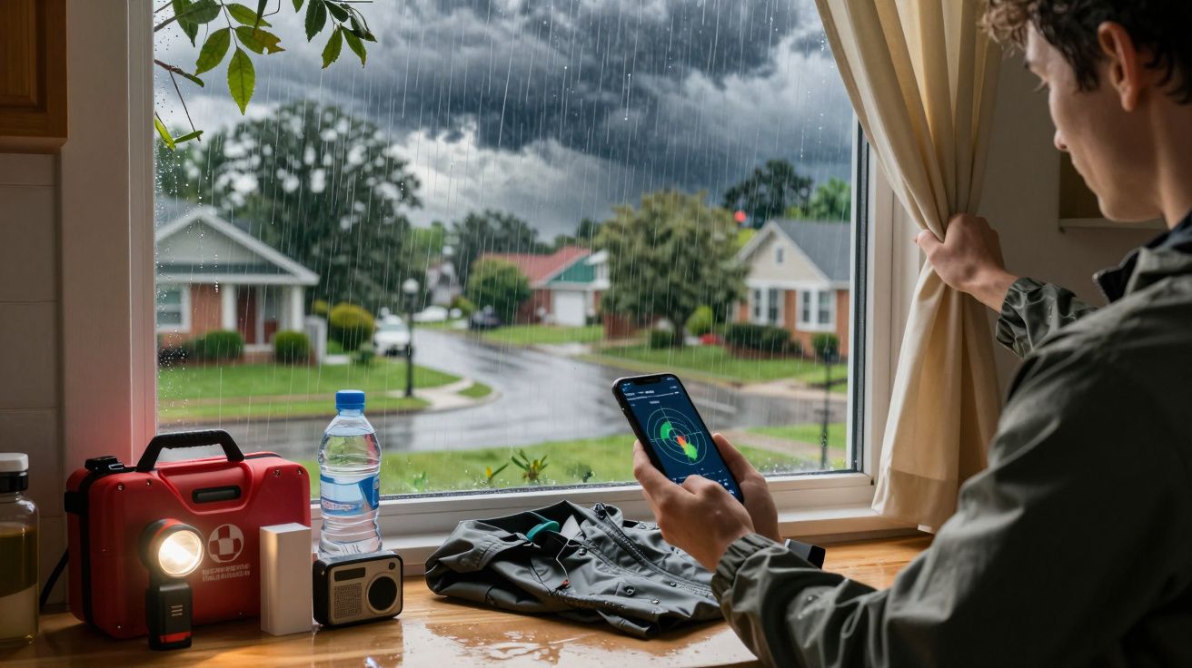 Mężczyzna patrzy przez okno na deszczową ulicę, trzymając telefon. Na blacie aparat, latarka, woda i apteczka.