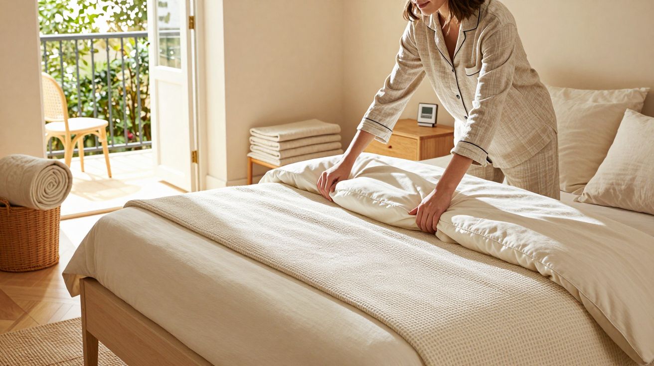 Osoba ścieli łóżko w jasnym pokoju z otwartym balkonem, na którym stoi krzesło i roślina.