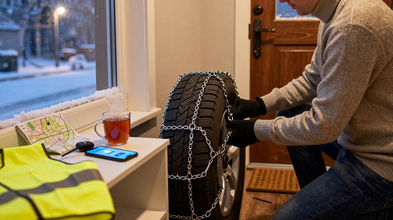 Mężczyzna zakłada łańcuchy na oponę w domu. Obok leżą kamizelka odblaskowa, mapa, telefon i kubek herbaty.