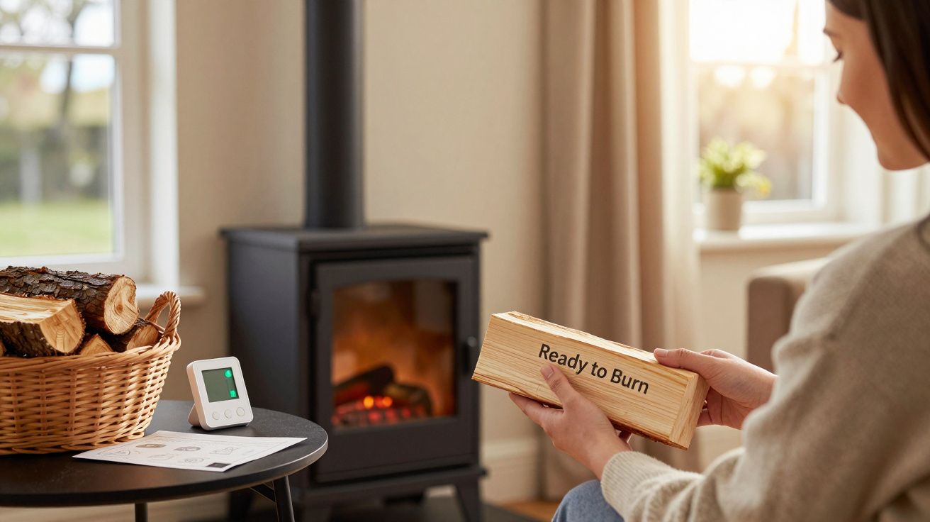 Kobieta trzyma drewno "Ready to Burn" przy kominku, na stoliku kosz z drewnem i termostat.