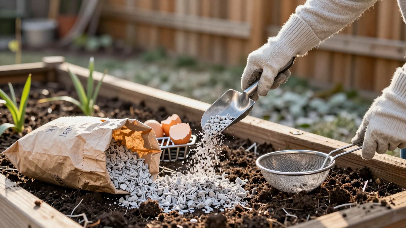 Osoba w rękawiczkach nasypuje nawóz z worka do gleby w podwyższonej grządce ogrodowej.