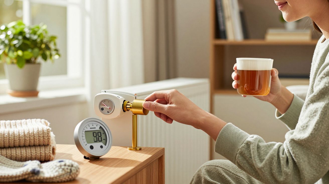 Osoba zmieniająca ustawienia termostatu, trzymająca filiżankę herbaty, w przytulnym pokoju z rośliną na parapecie.