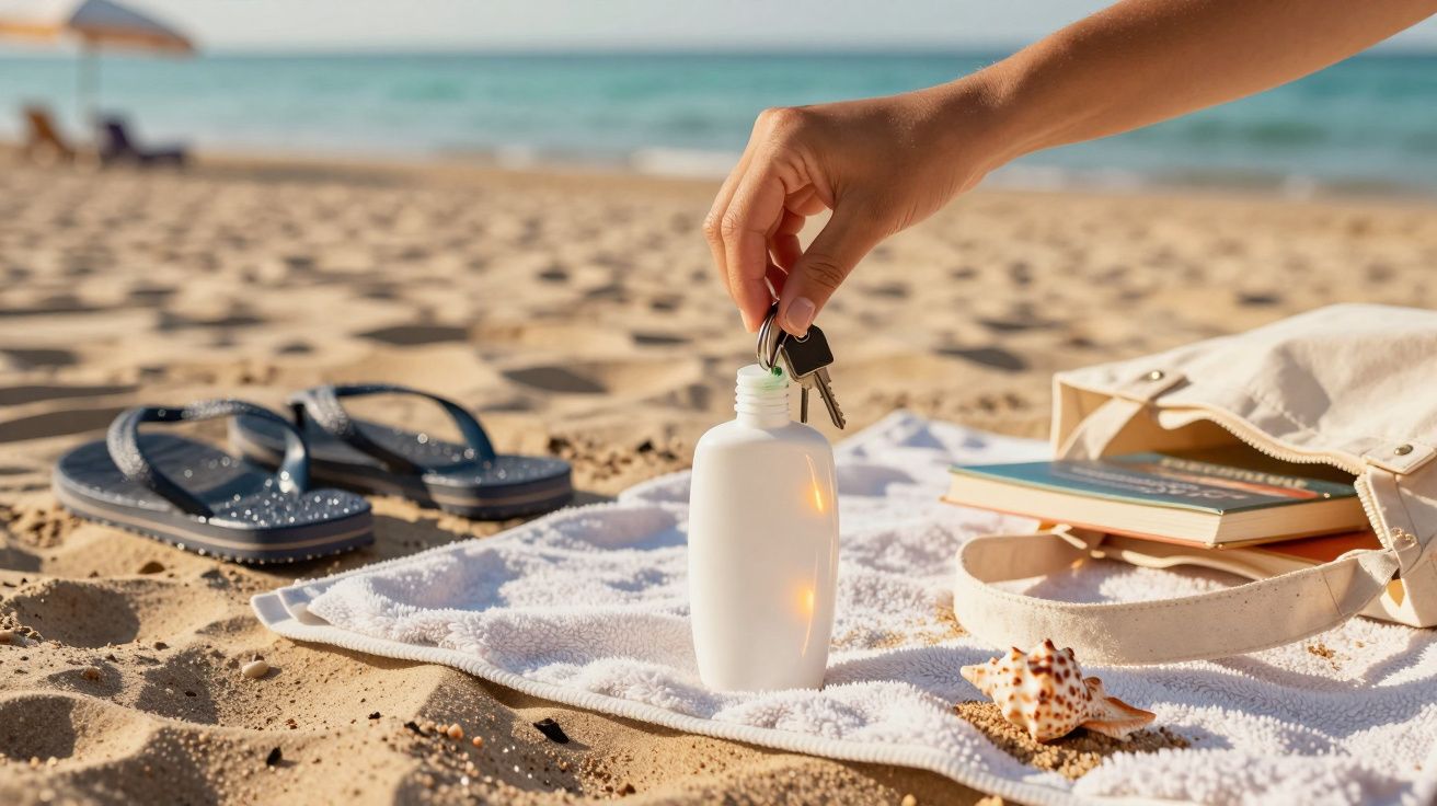 Dłoń wkłada klucze do butelki na balsam na plaży. Strój kąpielowy, książki i muszla na ręczniku.