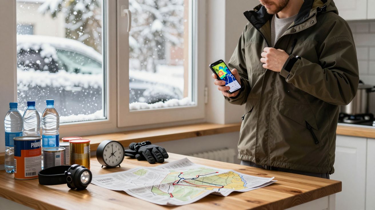 Mężczyzna w kurtce trzyma telefon przy stole z mapą, latarką, rękawiczkami i jedzeniem. Za oknem zimowy krajobraz.