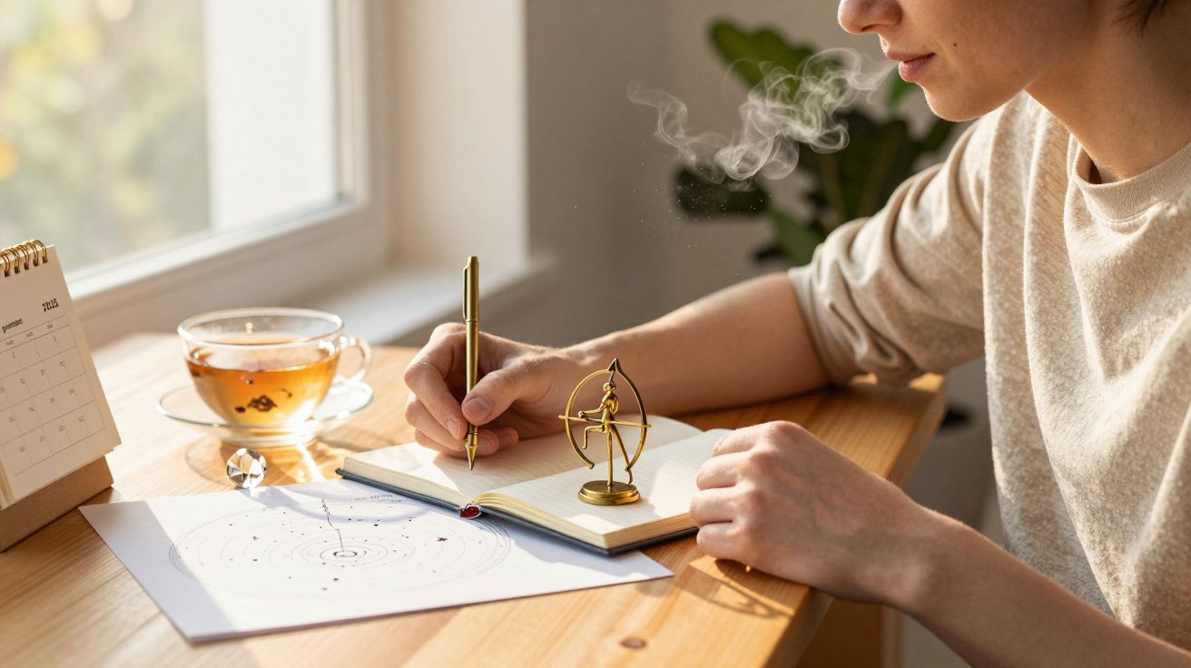 Osoba pisze w notatniku przy biurku, obok filiżanka herbaty i złoty element dekoracyjny.