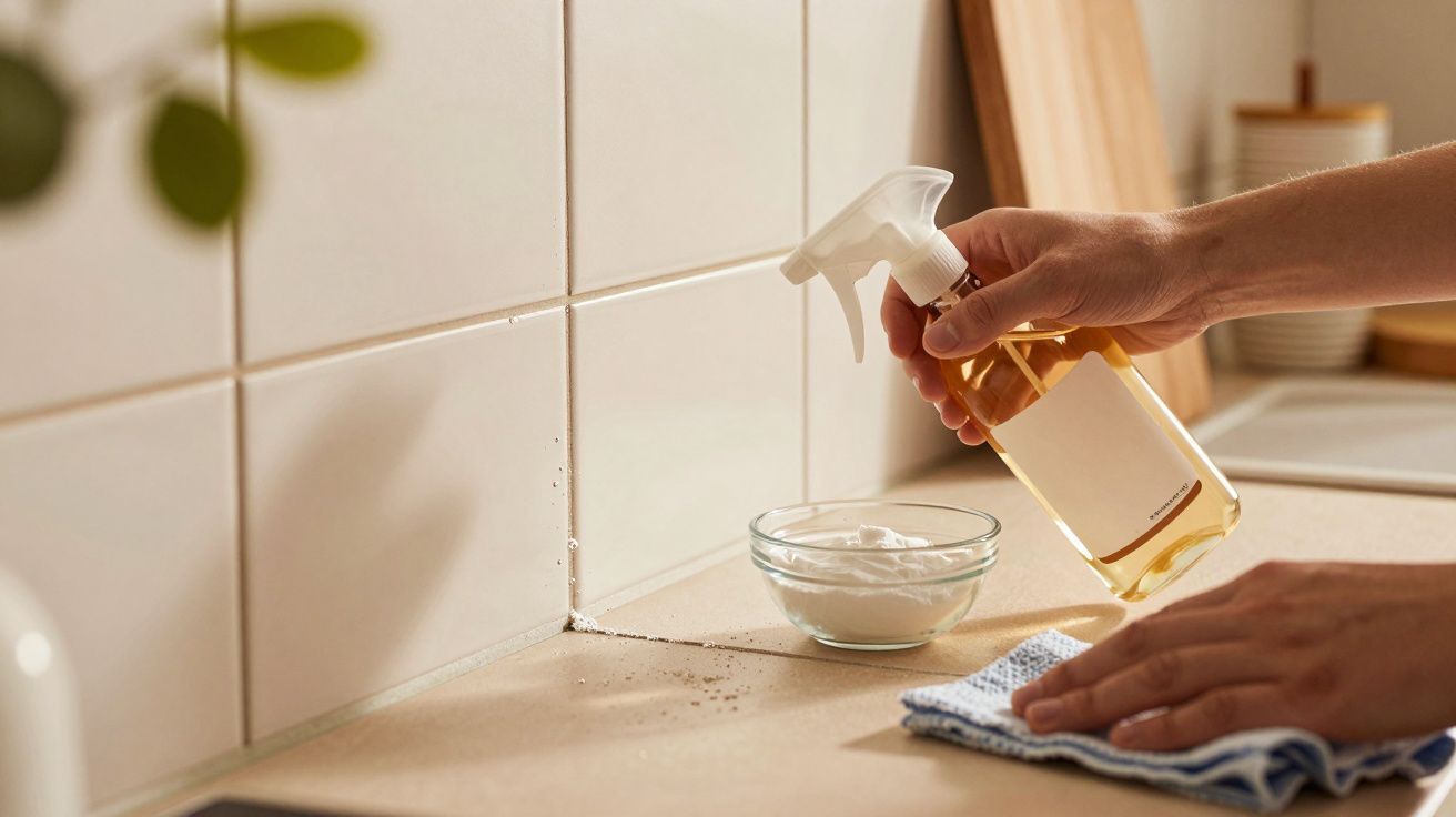 Osoba spryskuje powierzchnię w kuchni płynem z butelki ze spryskiwaczem, obok miseczka z proszkiem.