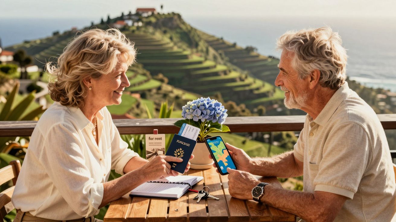 Starsze małżeństwo planuje wyjazd, siedząc przy stole na tarasie z widokiem na tarasy wzgórz.