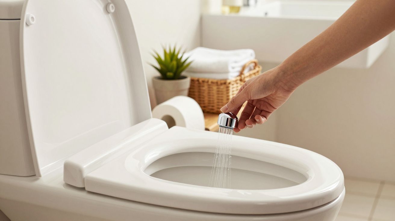 Osoba używająca bidetki ręcznej nad toaletą w jasnej łazience.