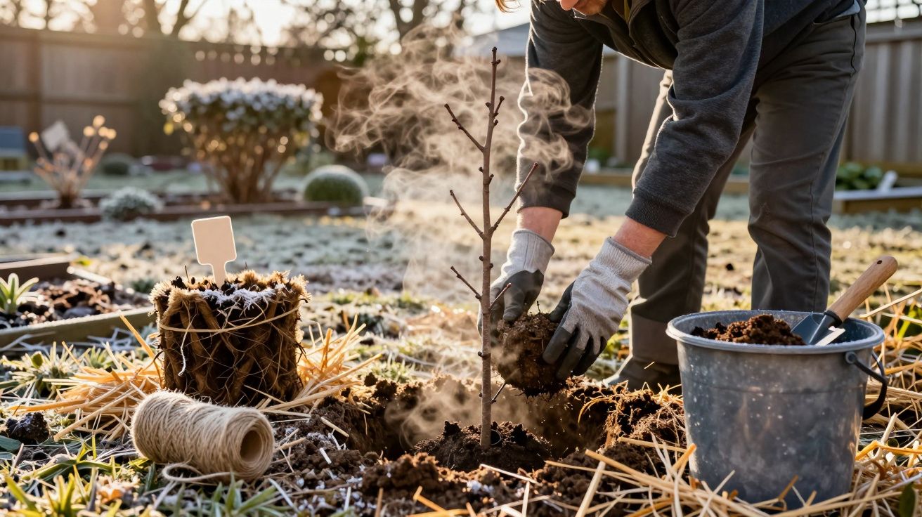 Osoba sadząca małe drzewko w zimowym ogrodzie, w tle para wodna unosząca się z ziemi.