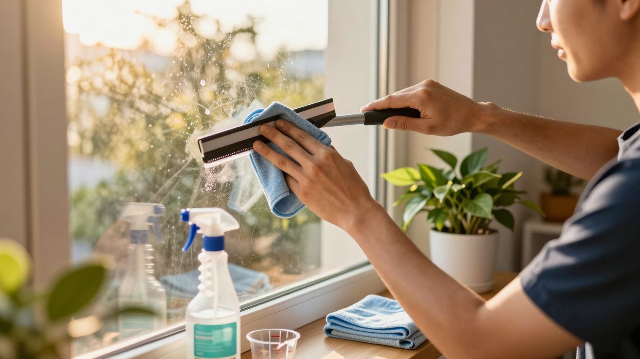 Osoba myjąca okno przy użyciu ściągaczki i ściereczki, rośliny i środki czystości na parapecie.