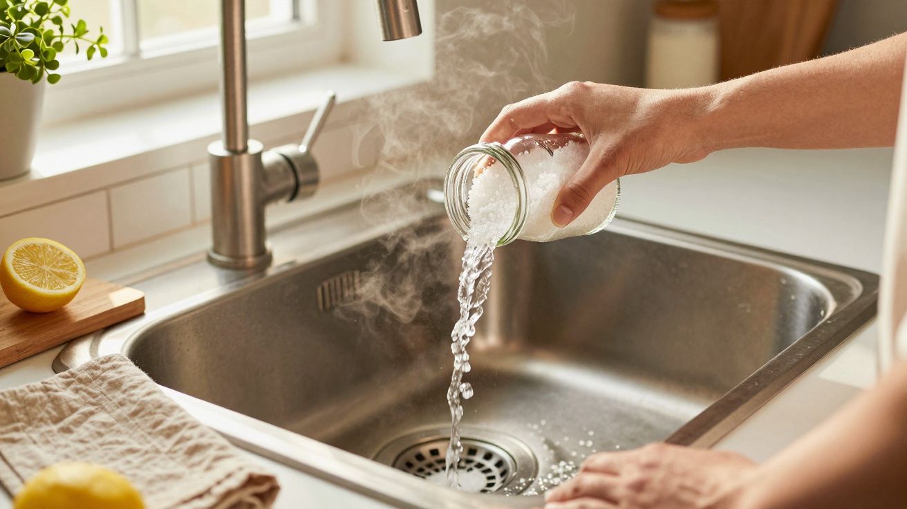 Osoba wsypująca sól z słoika do zlewu kuchennego, obok połówka cytryny na desce.