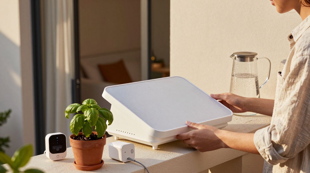 Osoba trzyma białe urządzenie na balkonie obok doniczki z bazylią, dzbanka z wodą i elektronicznego urządzenia.