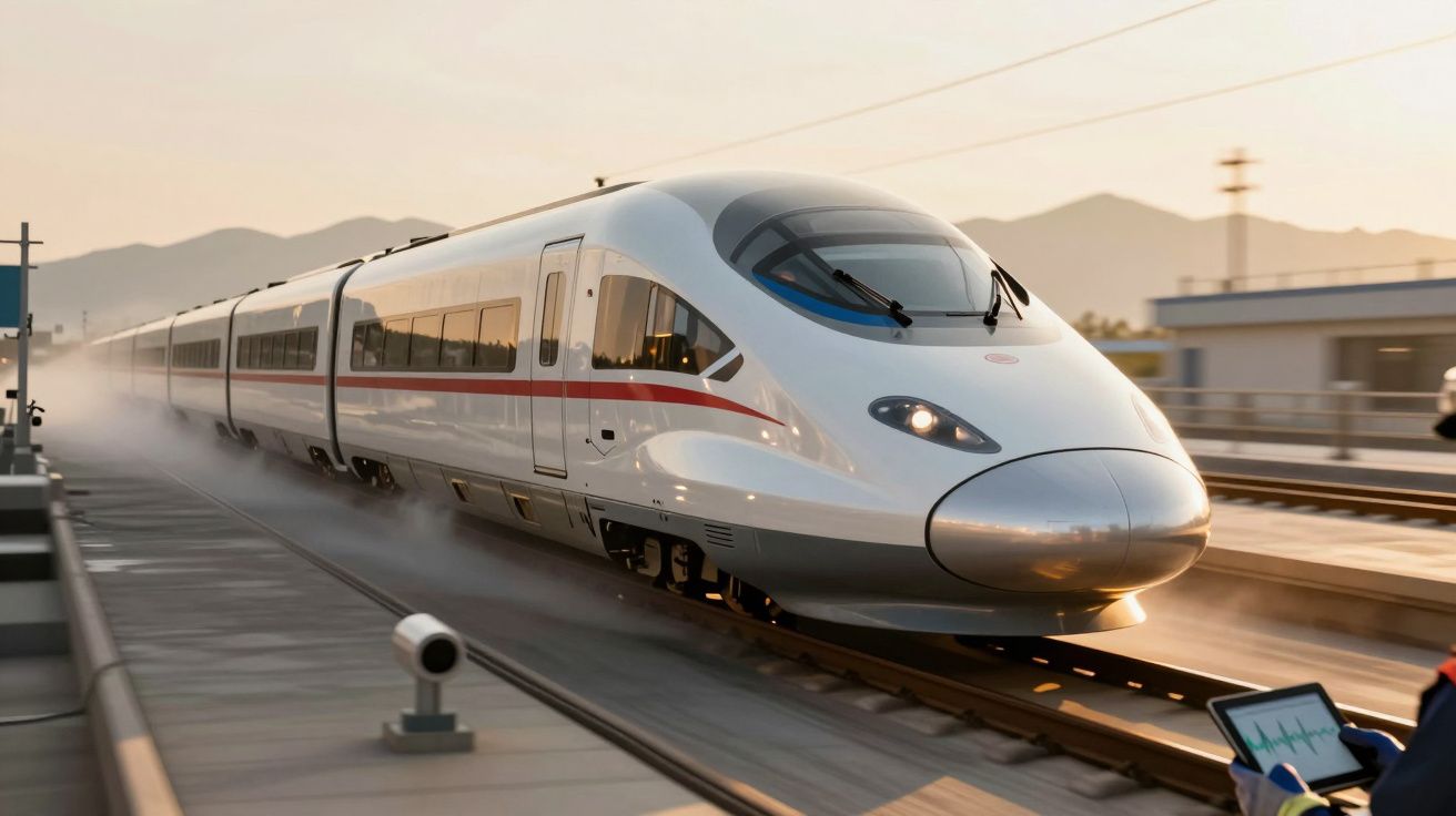 Nowoczesny pociąg dużych prędkości na torze, otoczony górami i  rozmytym tłem, przy zachodzącym słońcu.