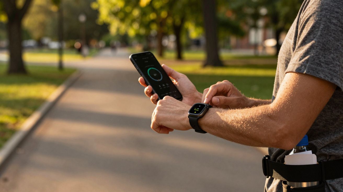 Mężczyzna w parku, używający smartwatcha i smartfona do monitorowania aktywności podczas spaceru.