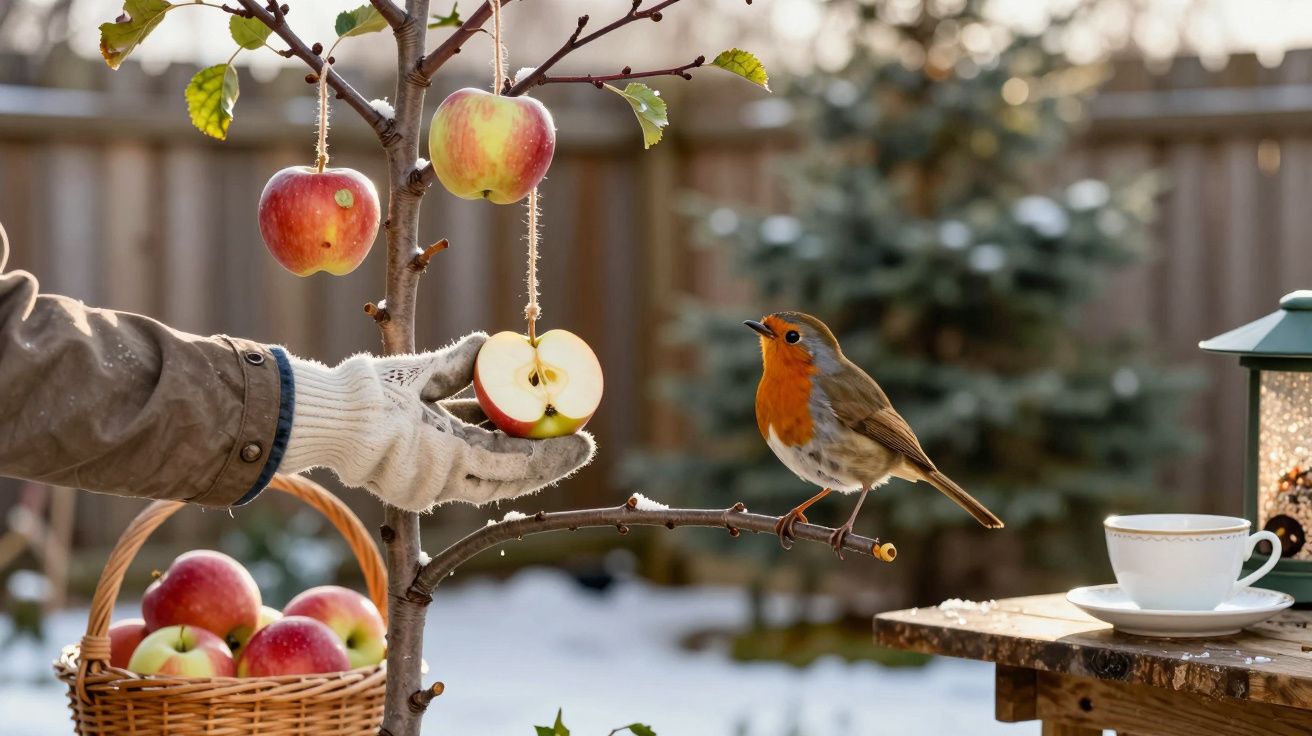 Rudzik siedzący na gałęzi przy jabłku, obok ręka w rękawiczce trzymająca połówkę jabłka. Koszyk z jabłkami na śniegu.