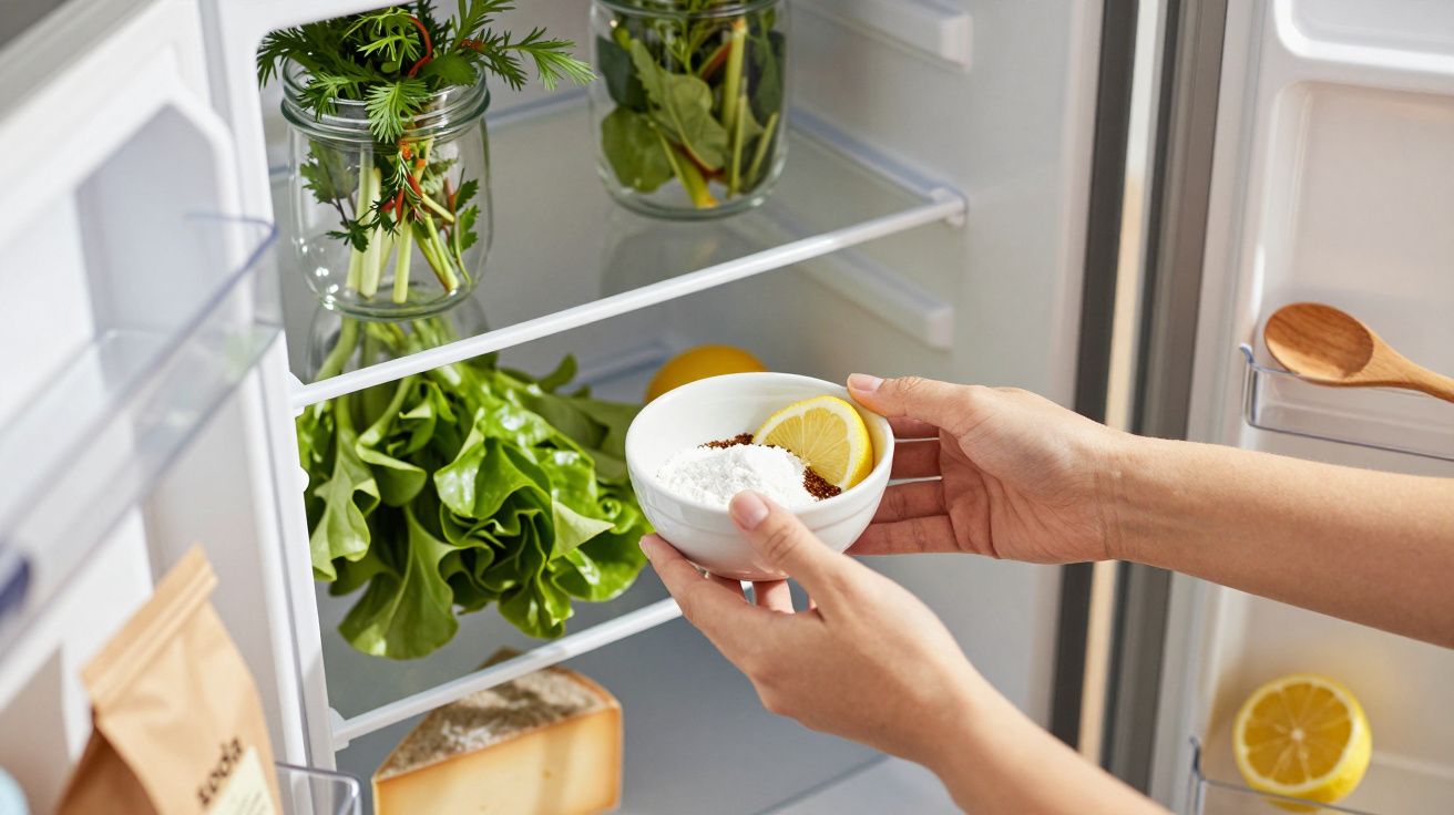 Osoba trzymająca miskę z solą i cytryną przy otwartej lodówce pełnej zielonych warzyw i serów.