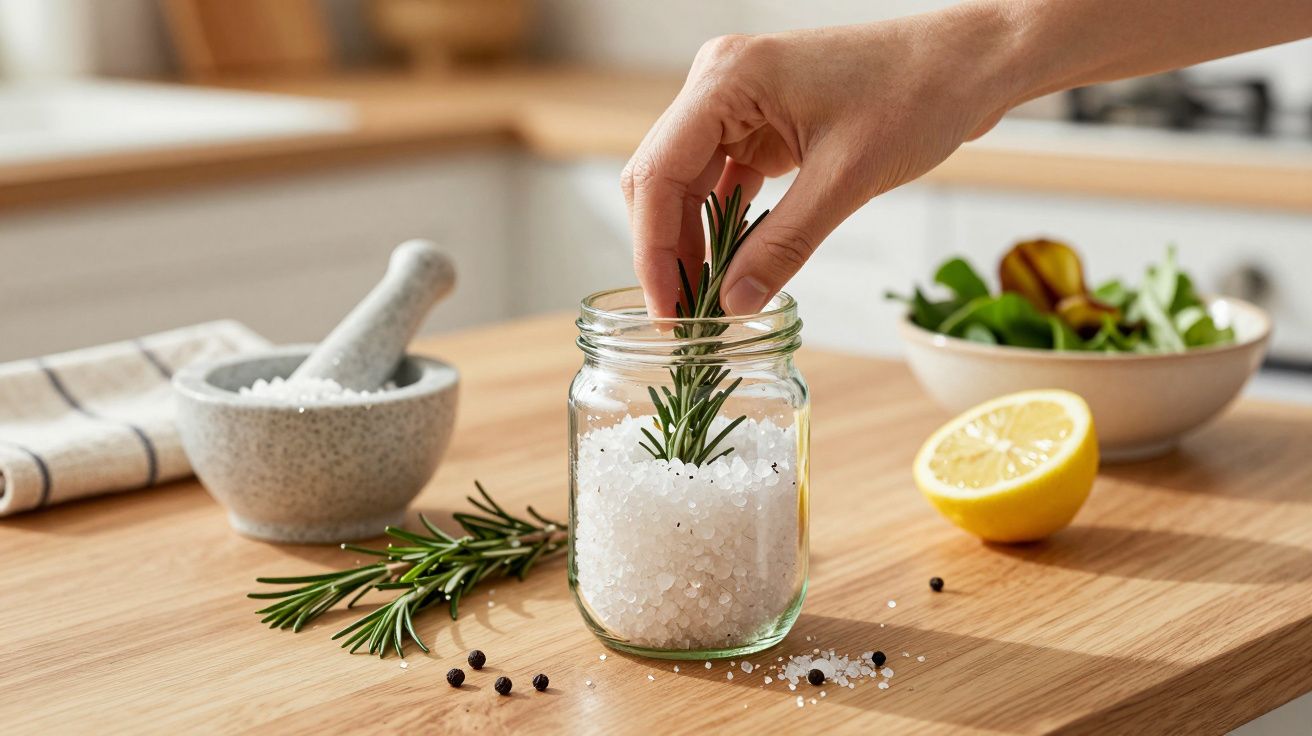 Ręka wkłada gałązkę rozmarynu do słoika z solą na drewnianym blacie. W tle moździerz, sałatka i połówka cytryny.